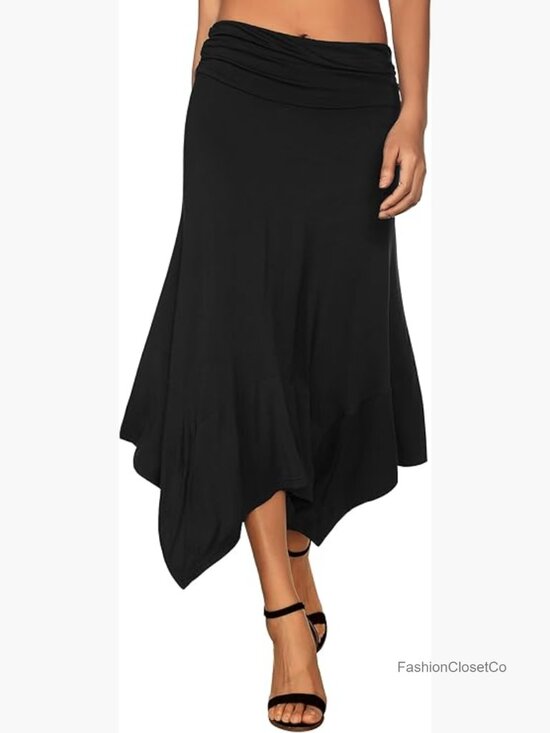 Dresses & Skirts - Flowy Handkerchief Hemline Midi Skirt - Ruched Elastic Waist